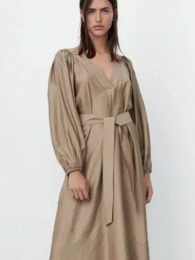 ZARA Olive-Taupe Maxi Dress with Puff Sleeves